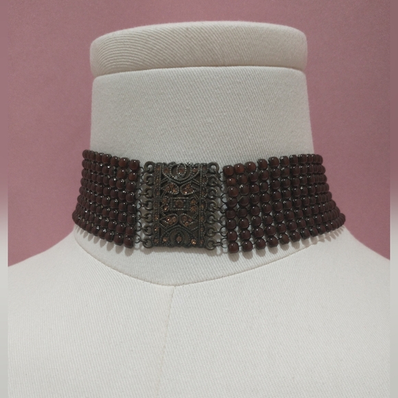 Brown Beaded Choker with Metal Centerpiece and Rhinestones - Picture 1 of 9